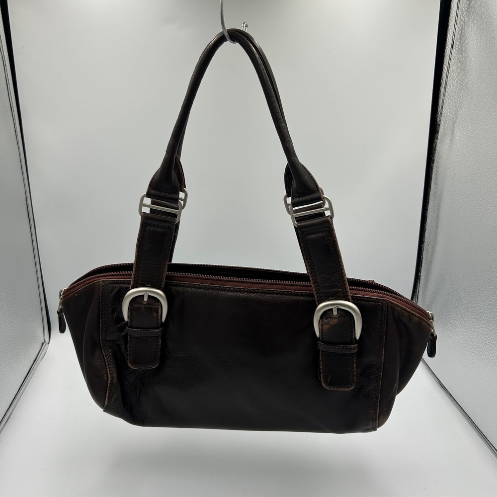ILI Shoulder Bag Womens Medium Brown Leather Buckle Accents Zip Top